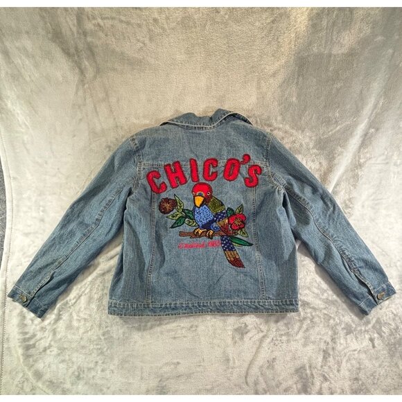 Chico's Jean Jacket Women's 1 US small Anniversary Collection Parrot Beaded - Picture 2 of 14